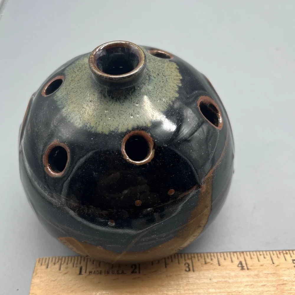 Marlow Signed Studio Pottery Flower Frog‎ Vase Black Brown Glazed Orb Ceramic